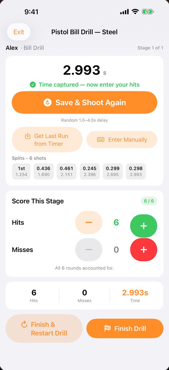 Scoring a Bill Drill string: 2.993 seconds with six splits and hit counters